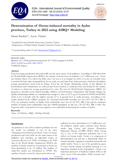 Determination of Ozone-induced mortality in Aydın province, Turkey in 2022 using AIRQ+ Modeling — first page preview